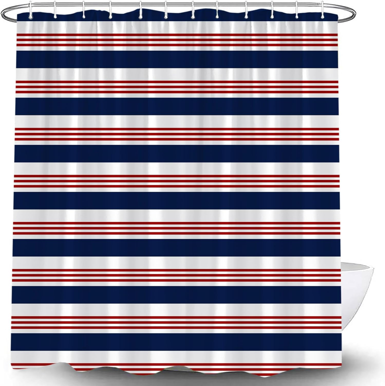 Navy Blue Red White Striped Shower Curtain Modern Abstract Geometric Lines Nautical Classic Simple Geometry Creative Minimalist Fabric Bathroom Curtain Set with Hook