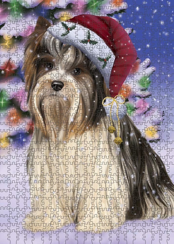 Christmas Winterland Wonderland Biewer Terrier Dog Jigsaw Puzzle for Adults - Animal Printed Interlocking Puzzle Game Artwork - Gift for Dog Lover's - 1000 Pcs 29.5"x19.7", PZLE54635