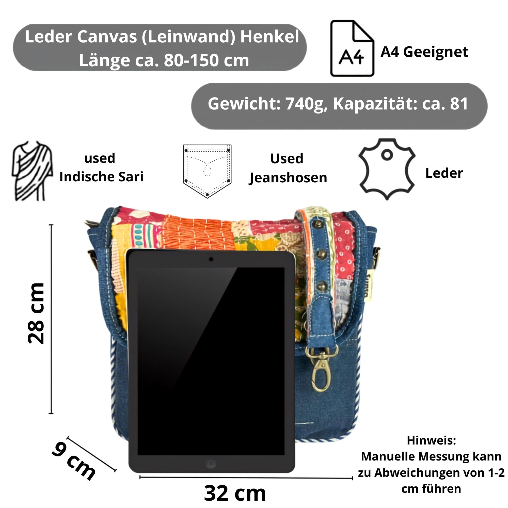 Sunsa Damen Messenger Bag Umhängetasche Handtasche, aus recycelte Jeans & Baumwolle. Große Crossbody Tasche Schultertasche, Jeanstasche Geschenkideen für Frauen/Mädchen, nachhaltige Produkte