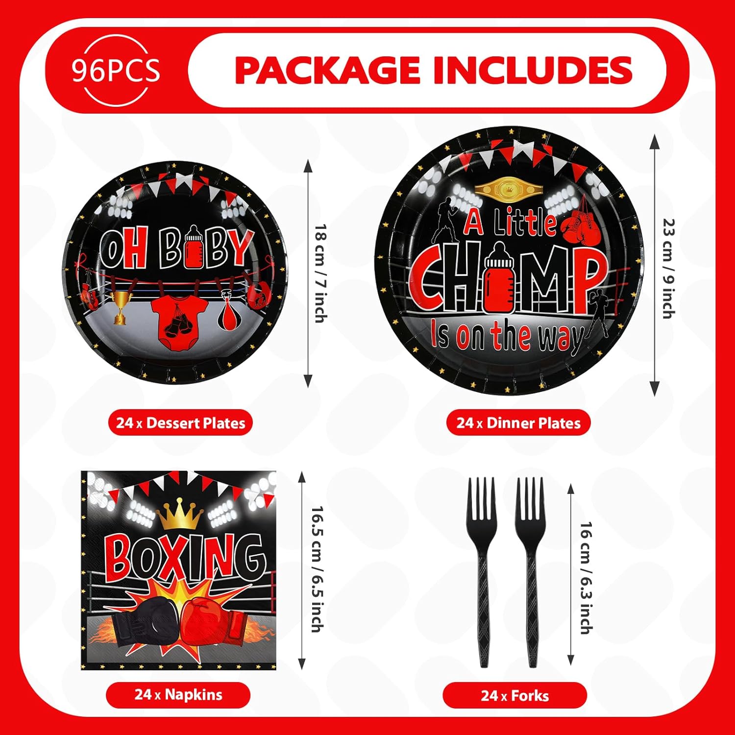 96Pcs Boxing Baby Shower Party Supplies World Champion Plates and Napkins Fight Sports Wrestling Tableware Set for Boxing Baby Shower Party Supplies Serves 24 - Image 2