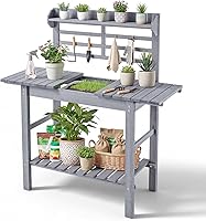 VEVOR Potting Bench with Sink, Adjustable 37-55in Fir Wood Tabletop, Outdoor Gardening Station w/ Shelves, Hooks - Grey