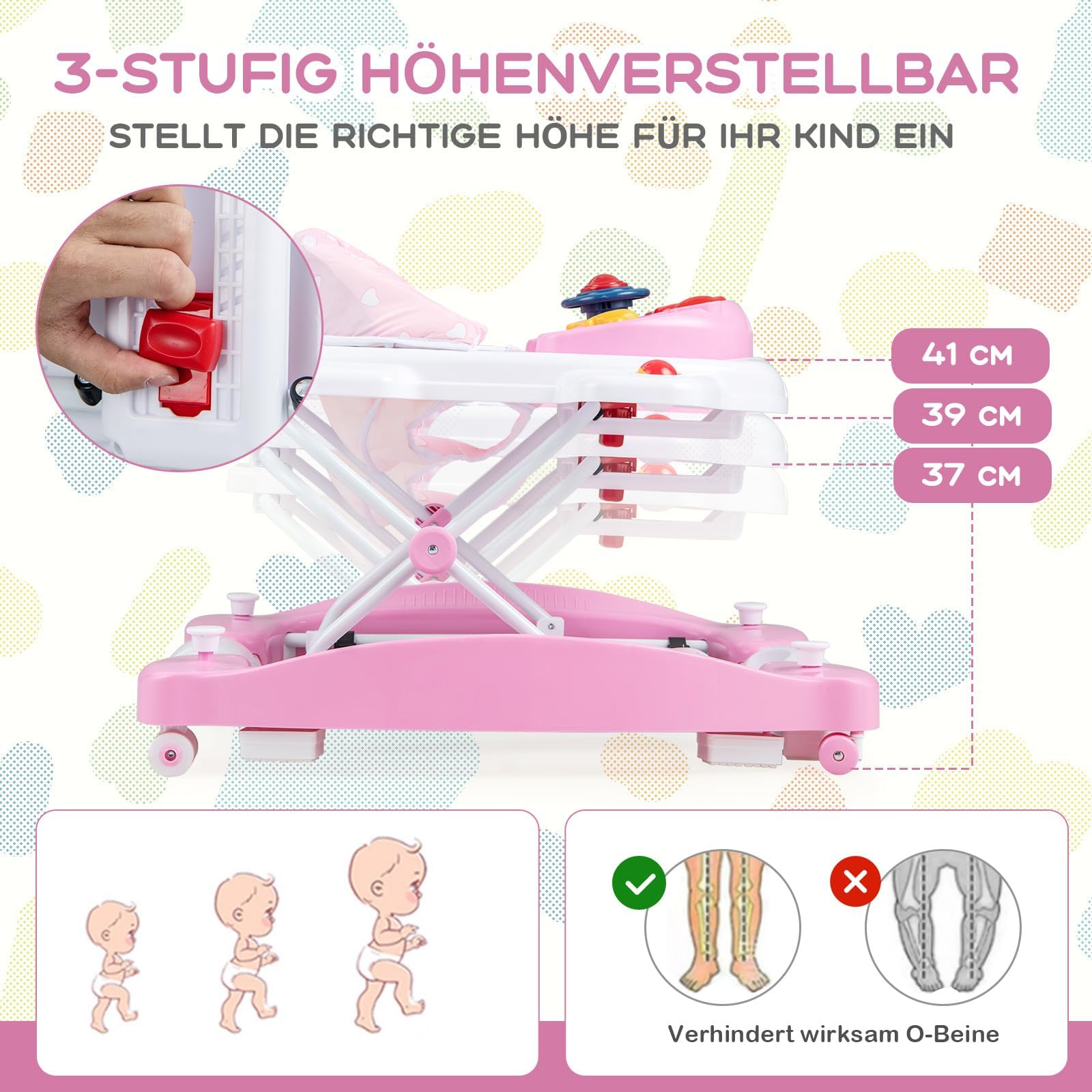 COSTWAY 6 in 1 Lauflernhilfe, Lauflernwagen mit abnehmbarem Spielboard & Fußpolster, Baby Walker höhenverstellbar & klappbar, Laufwagen mit Musik & Licht, Gehfrei baby ab 6 Monaten (Rosa)