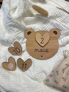Cartes Étapes Bébé en Bois, Set de 12 Cartes Mensuelles avec Motif Ours, Accessoires Photo Naissance
