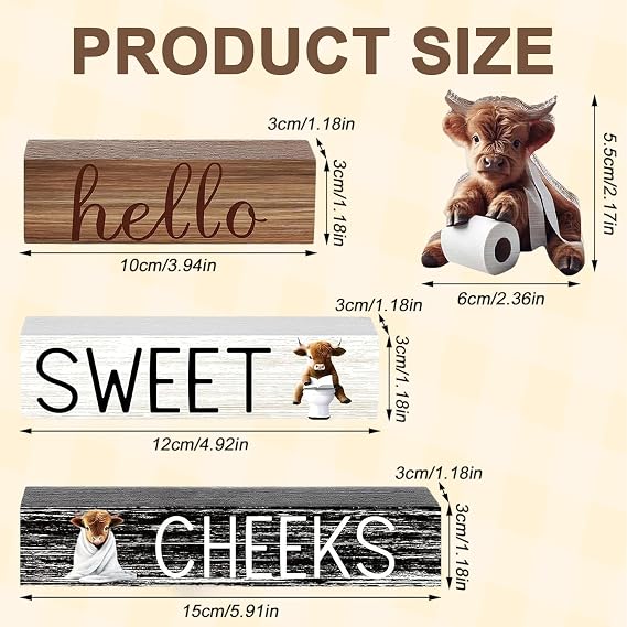4 Pcs Highland Cow Decor Set, Wooden Home Ornaments for Living Room & Bedroom, Cow Decor with Farmhouse Style, Boxed; Includes Highland Cow, Highland Cow Bathroom Decor, Farmhouse Bathroom Decor (A)