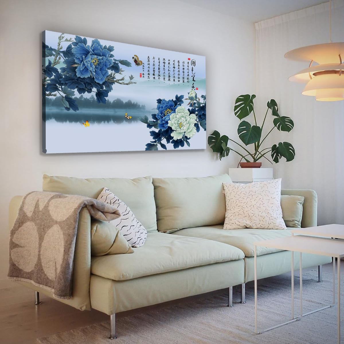 Niebieski i biały piwonia obraz ścienny na płótnie eleganckie chińskie kwiaty wydruki plakat do domu biuro salon dekoracja wewnętrzna rama 55x100cm