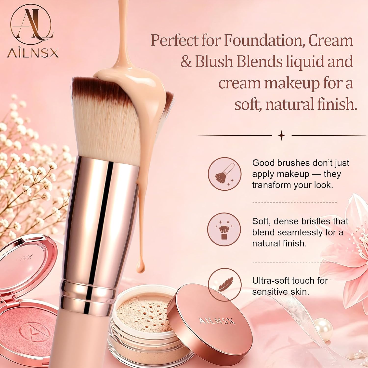 Flat Top Kabuki Foundation Brush, Soft Dense Makeup Brush for Liquid, Cream and Powder, Face Blending Brush for Foundation, Blush, Bronzer, Concealer and Contour