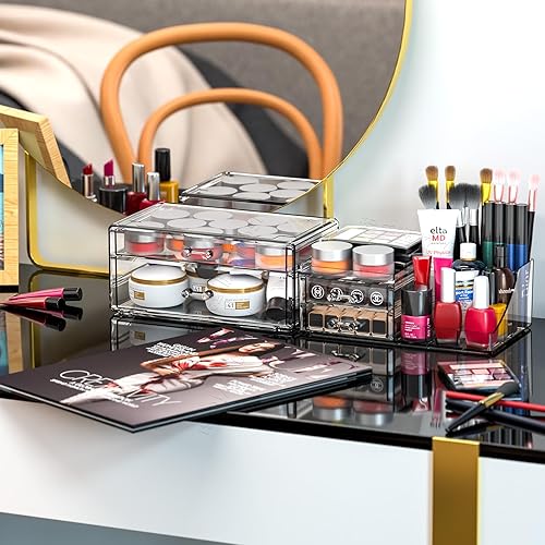 Miniatura 2 de SUOXING Organizador de maquillaje acrílico transparente para tocador, baño, tocador, 4 cajones organizadores de maquillaje para mostrador,