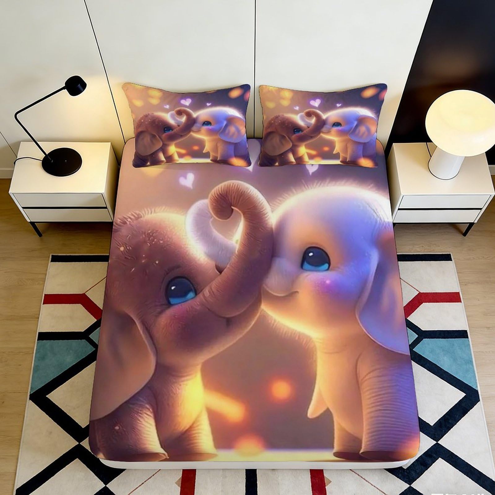 3D Printed Cute Elephant Fitted Sheet Microfiber Soft Bedroom Decor Cartoon Animal Bed Cover for Adults Teens 90x200x25cm