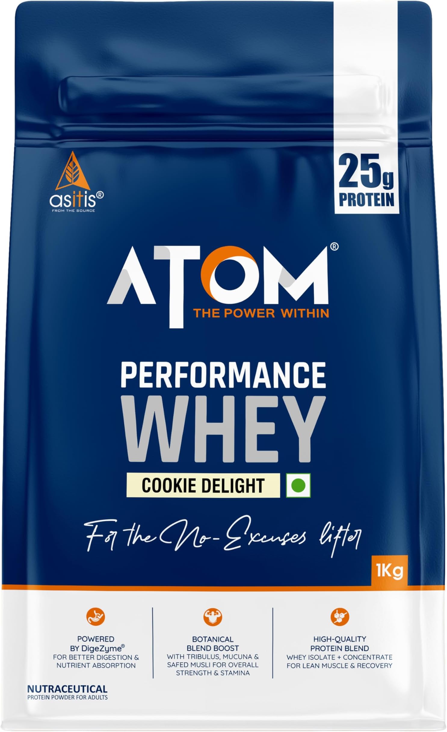 AS-IT-IS Atom Whey Performance Protein Muscle Booster Blend Safed Musli & Mucuna Pruriens For Faster Recovery & Fast-Acting Quick-Release Protein 100% Vegetarian Cookie Delight Flavor, 1000 grams