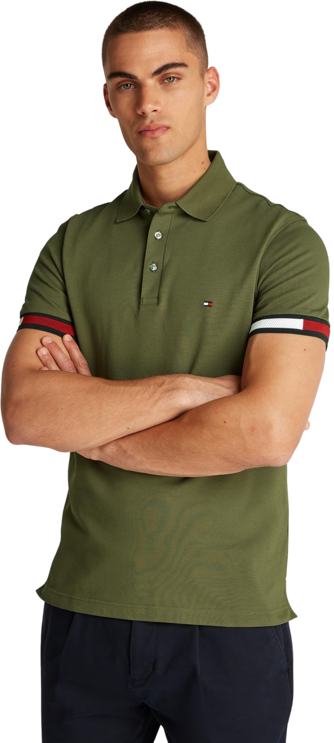 Tommy Hilfiger Herren Poloshirt Kurzarm Flag Cuff Slim Fit, Grün (Army Green), S