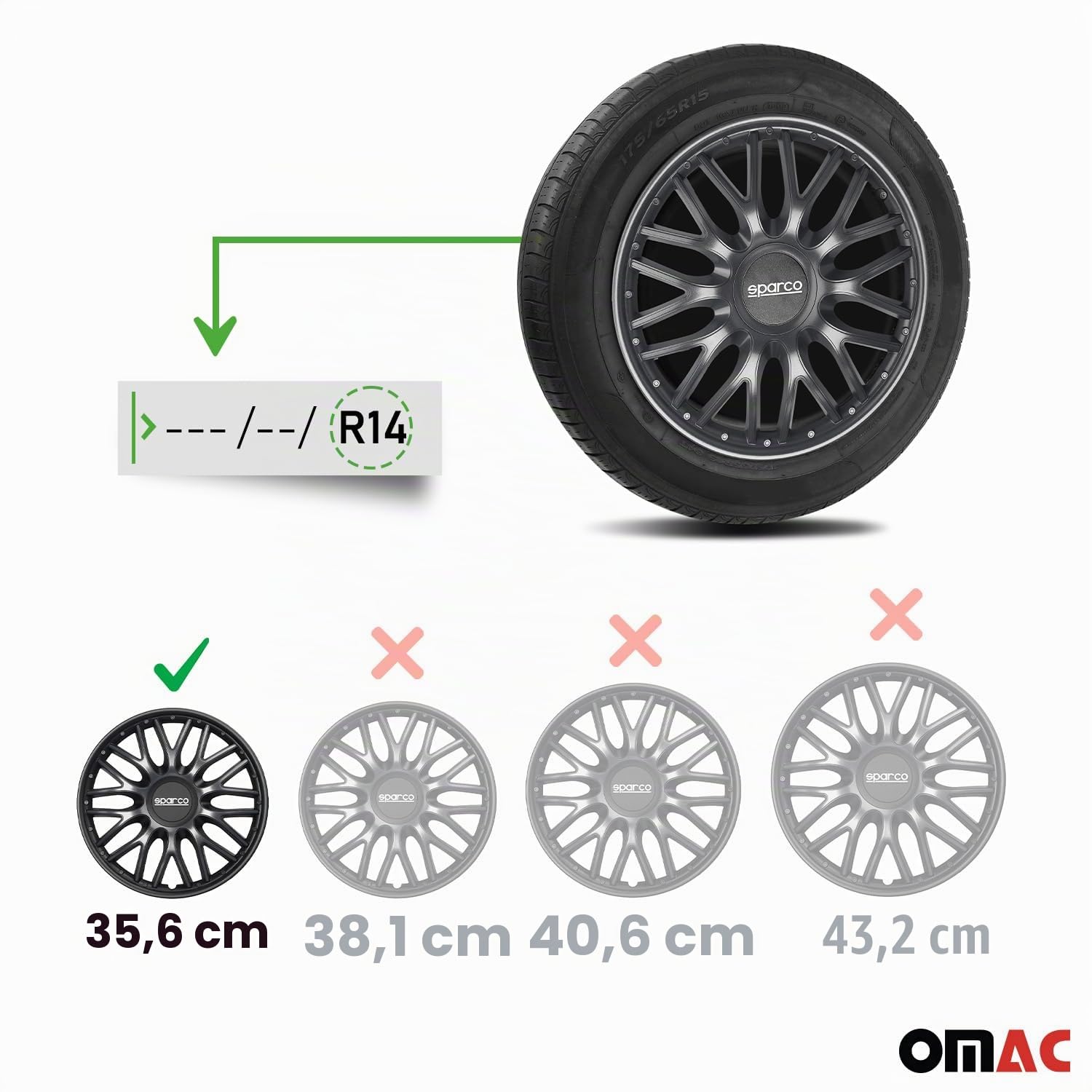 SPARCO Enjoliveurs 14'' pouces Cap De Roue Jeu Enjoliveur Auto gris noir SPC1496GRBK