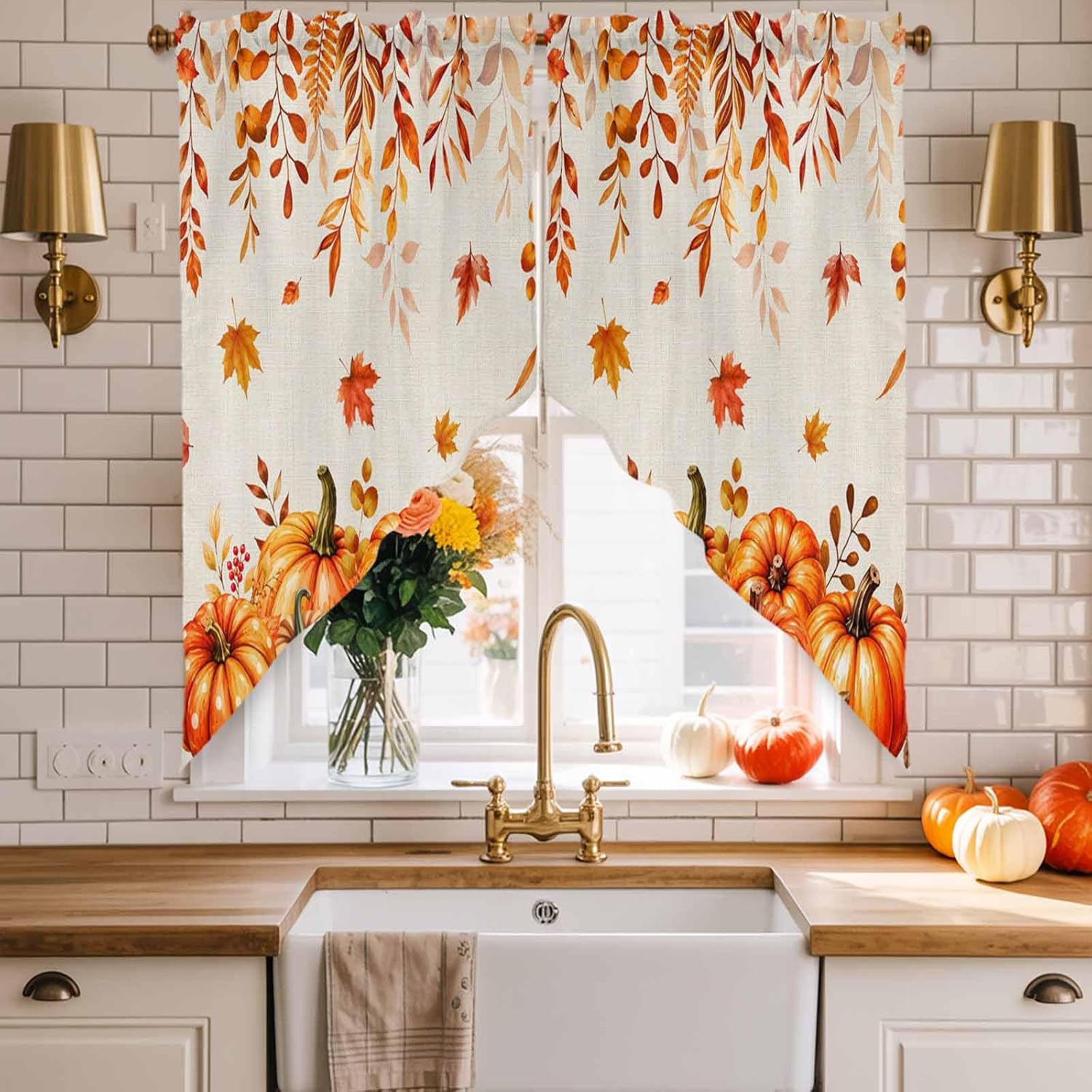 Thanksgiving Swag Curtain Valance for Windows, Orange Pumpkins Fall Kitchen Winodw Curtains Valance, Falling Eucalyptus Maple Rod Pocket Curtains Swag Topper for Cafe Living Room, 2 Panels, 28x36 inch