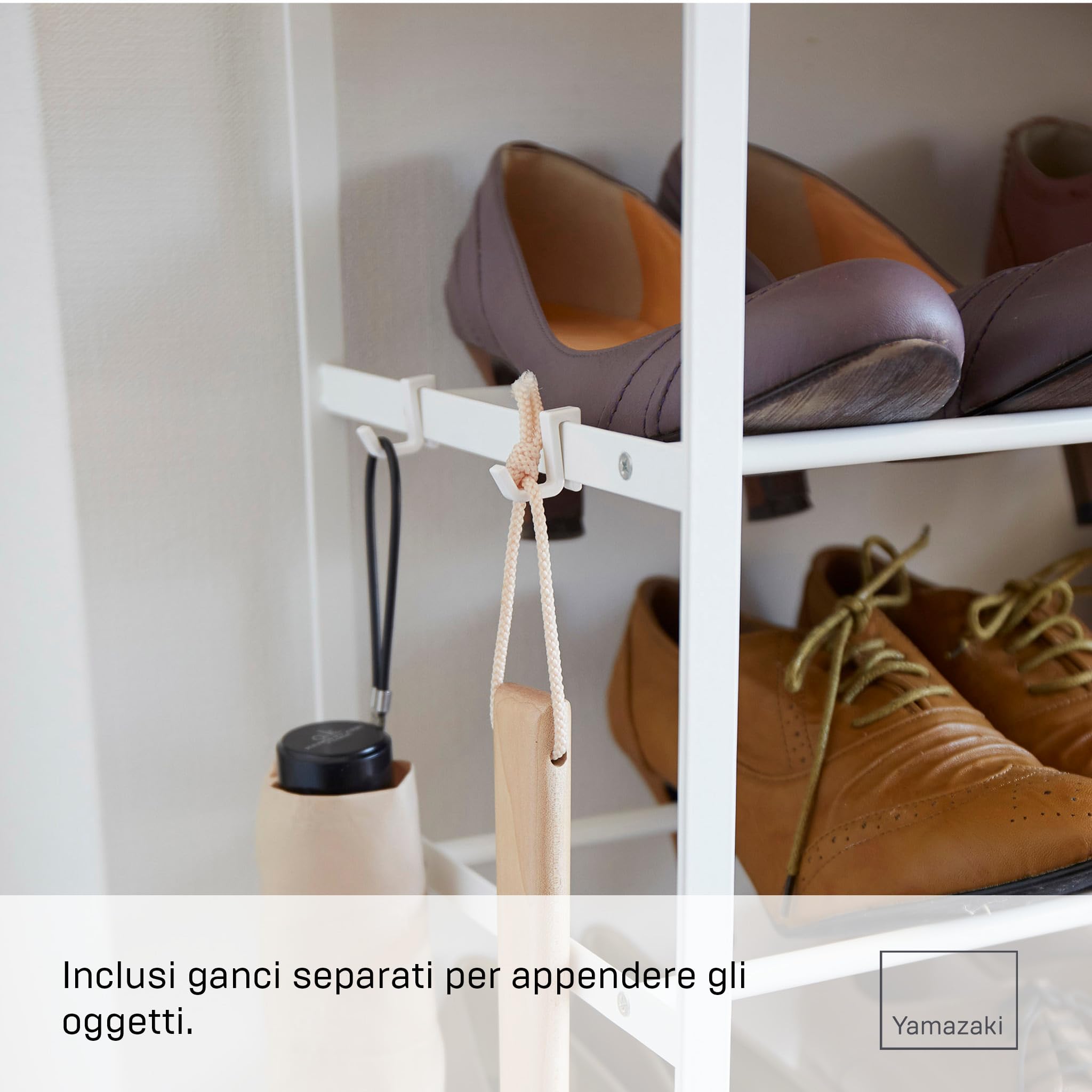 Yamazaki Home Tower - Scarpiera A 6 Ripiani In Legno E Acciaio | Bianco, 5 Ripiani Scarpe + Piano E 2 Ganci - 3