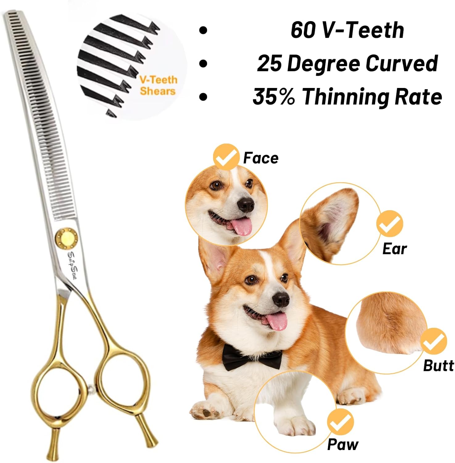 7.5 inch Professional Dog Grooming Scissors, 25 Degree Curved Blender, VG10 Steel Pet Shears, 28 & 60 Teeth Thinner Chunker Scissors for Dogs Cats Groomer, Thinning Rate 35% & 70%