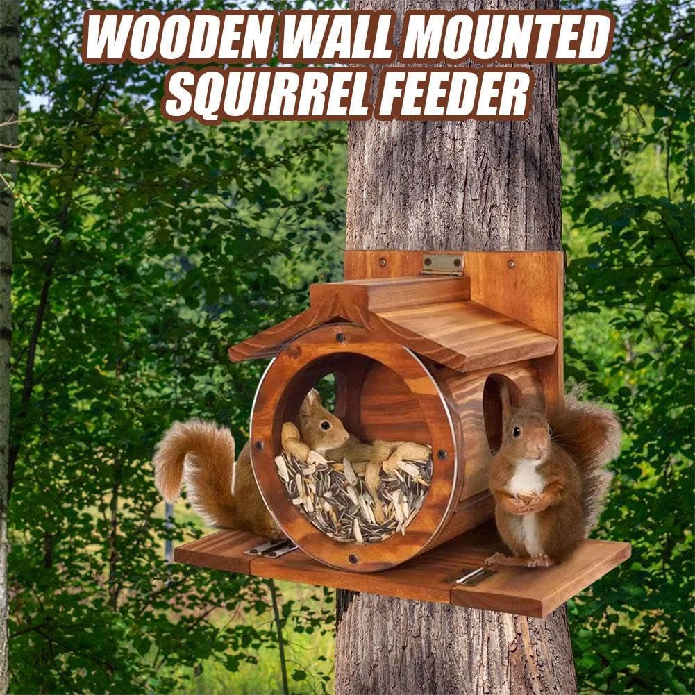 Wood Squirrel Feeder, Wall Mounted Chipmunk Feeder Large Hole Squirrel Feeding House, Easy to Fill Feeding Station House Box for Tree Fence