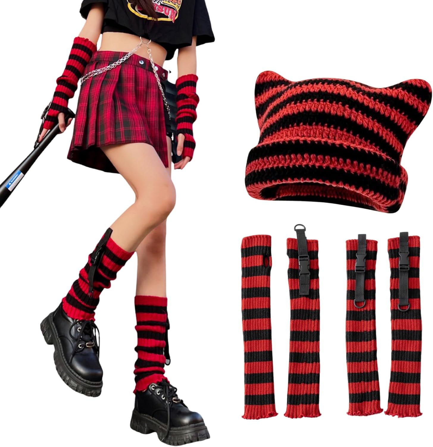 Therian Stuff Cat Ear Beanie Knitted Striped Arm Warmers Leg Warmers Y2k Emo Grunge Accessories