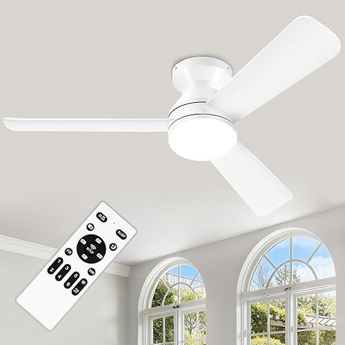 Ceiling Fans with Lights - 42 Inch Low Profile Ceiling Fan with Light and Remote Control, Reversible, 3CCT Dimmable, Noiseless, White Small Flush Mount Ceiling Fan for Bedroom Indoor/Outdoor