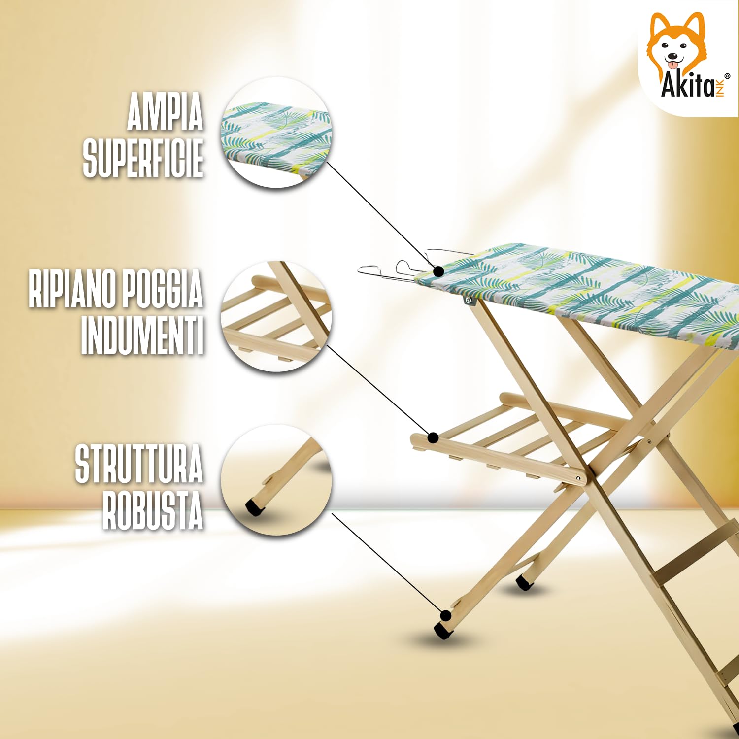 Asse da Stiro in Legno di Faggio 100%, Tavola da Stiro Regolabile e Pieghevole, Salvaspazio, Dimensioni 35x141,5x92h, Leggera e Resistente (NATURALE)