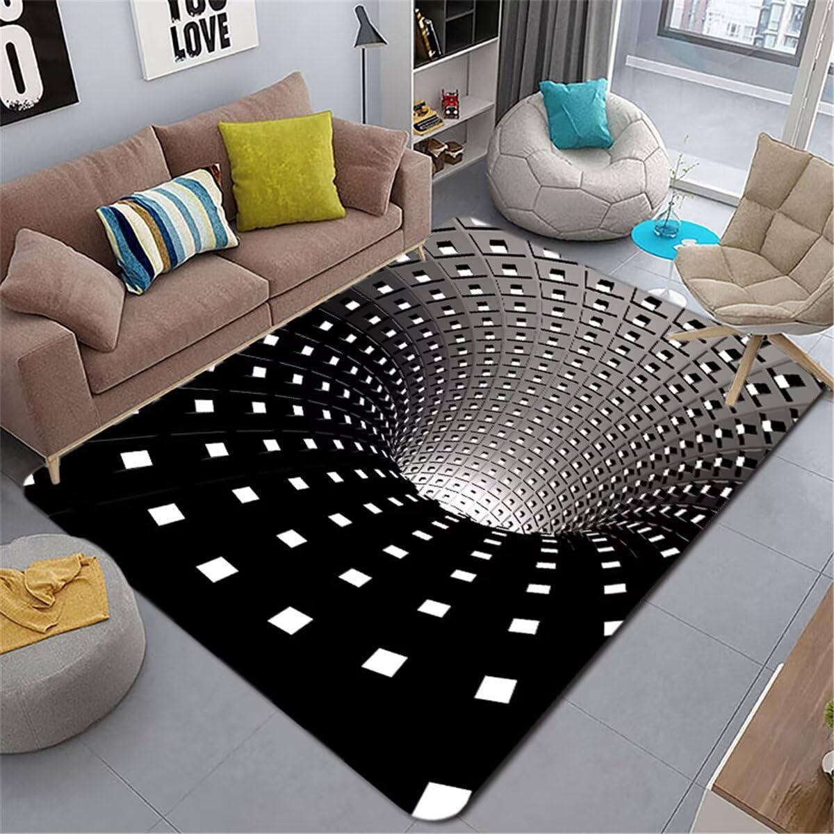 Tapis de chambre antidérapant contre les bruits géométrique noir et blanc 50x80