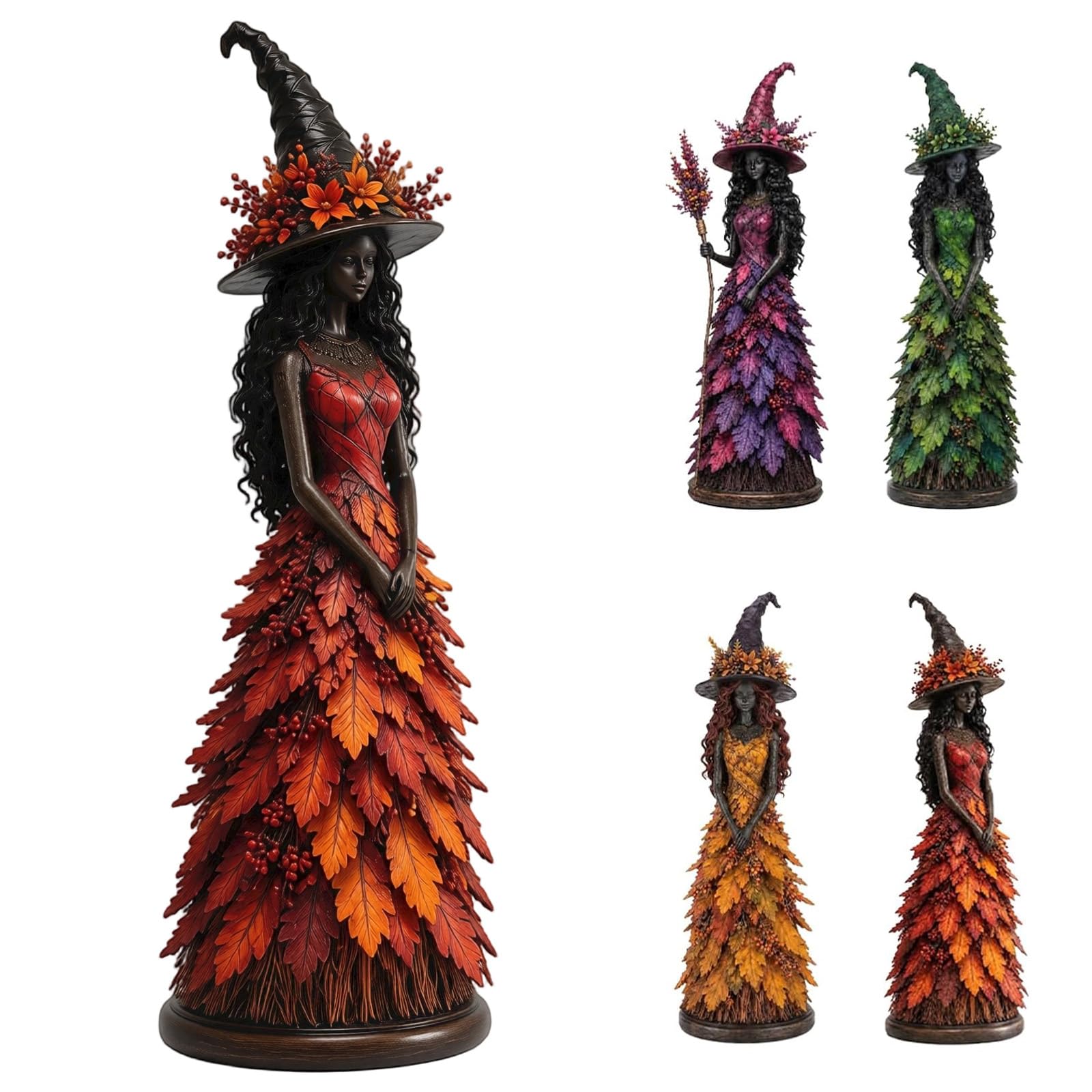 Enchanted Autumn Witch Figurine with Leaf Gown Resin Statue, Halloween & Thanksgiving Christmas Day Gifts, Mantel Shelf Display, Pointed Hat Design, Tiered Tray Tabletop Decor (Saffron, S)
