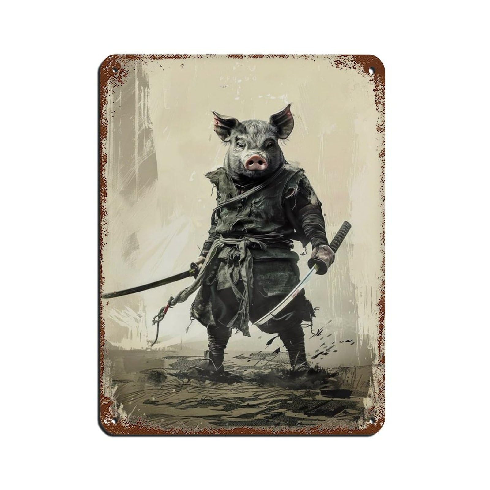Lxwnze 30L X 40W Cm Ninja Pig Holding A Katana Sword Tin Sign Vintage Metal Pub Club Cafe Bar Home Wall Art Decoration Poster Retro 12X16inch(30X40cm)
