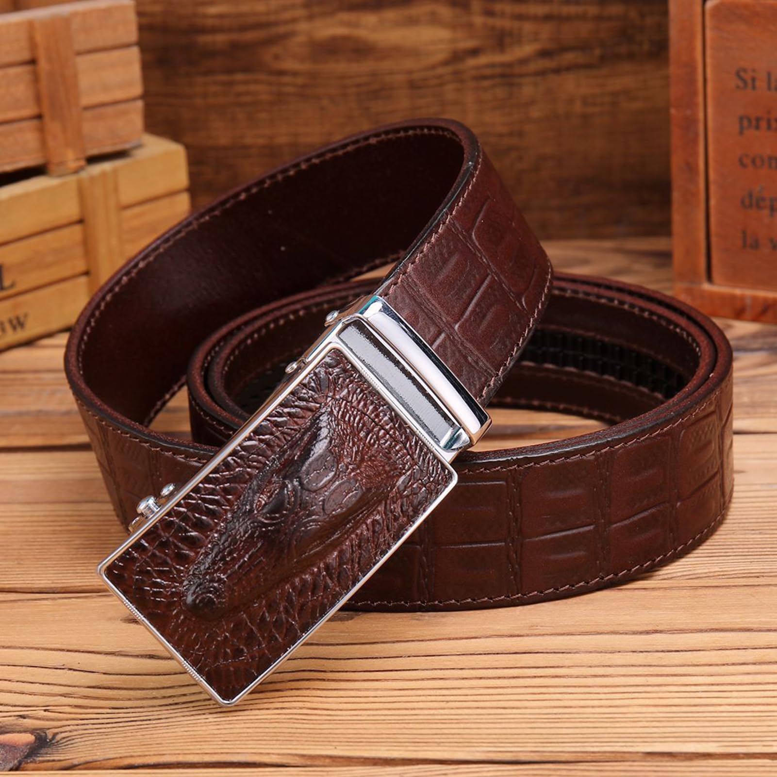 Cinturón de costura de cuero para hombre, hebilla de trinquete automática, correa de cintura deslizante, ajuste para adaptarse con cabeza de cocodrilo grabada