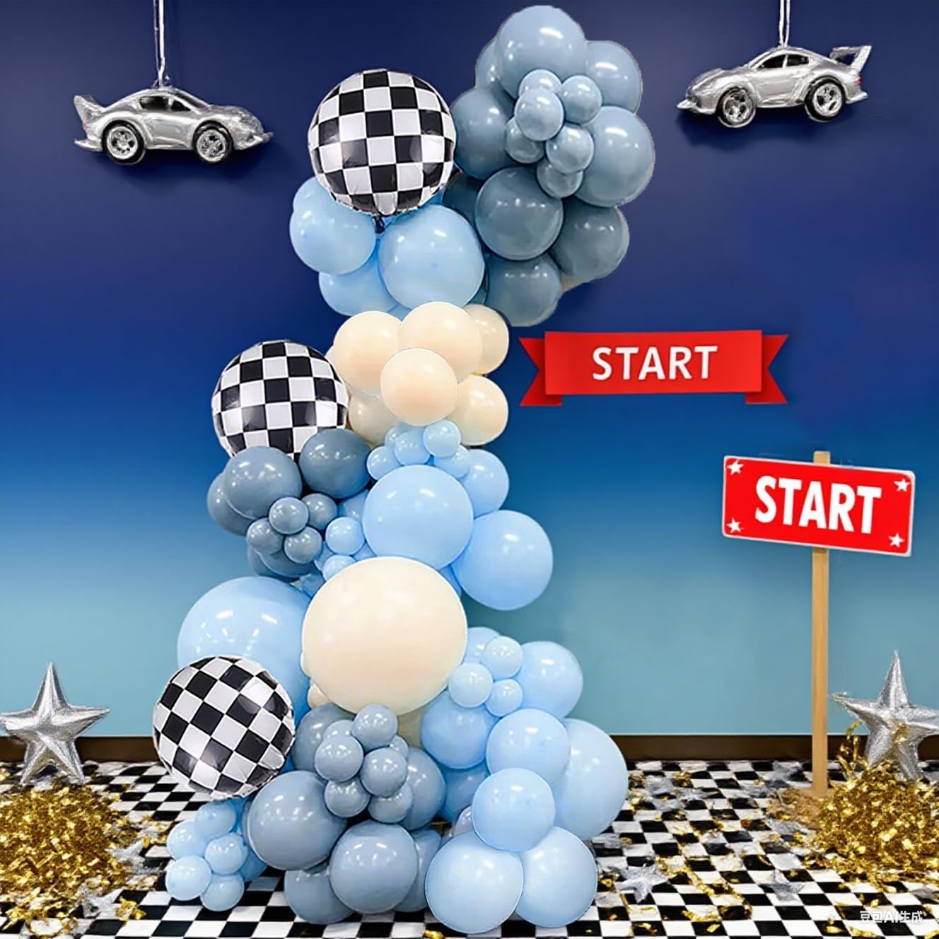 Race Car Balloons Garland Arch Kit,100PCS Macaron Blue Smoke Blue Balloon Arch Kit with Checkered Foil Balloon for Car Fast Birthday Celebration Party Festival Day Decorations image 5