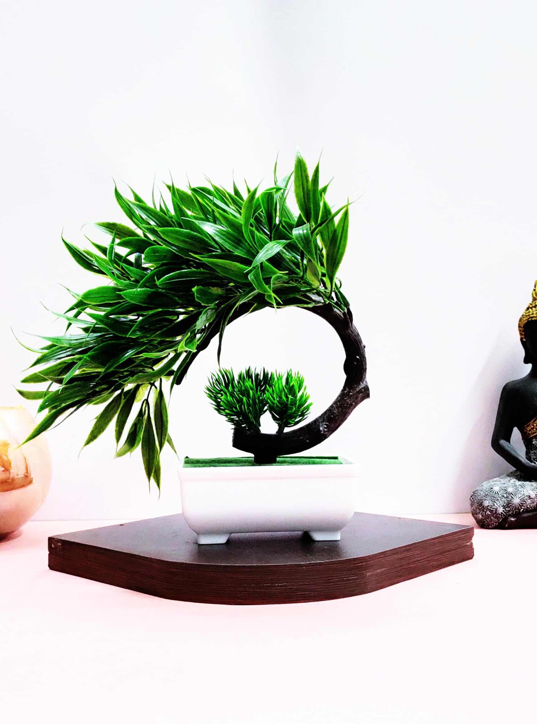 Small Artificial Bonsai Tree Fake Plant Potted House Plants Japanese Pine Bonsai Plant Faux Bonsai for Home Indoor Decoration Office (Green-B)