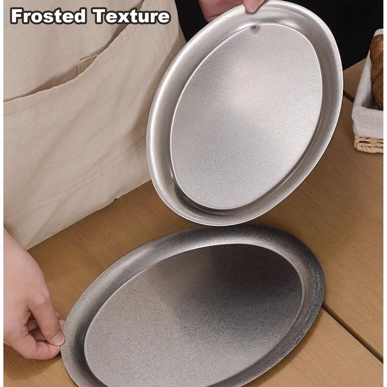 Bandeja de metal ovalada de acero inoxidable para alimentos, diseño retro, acabado esmerilado, ideal para servir pan y postres en cafeterías