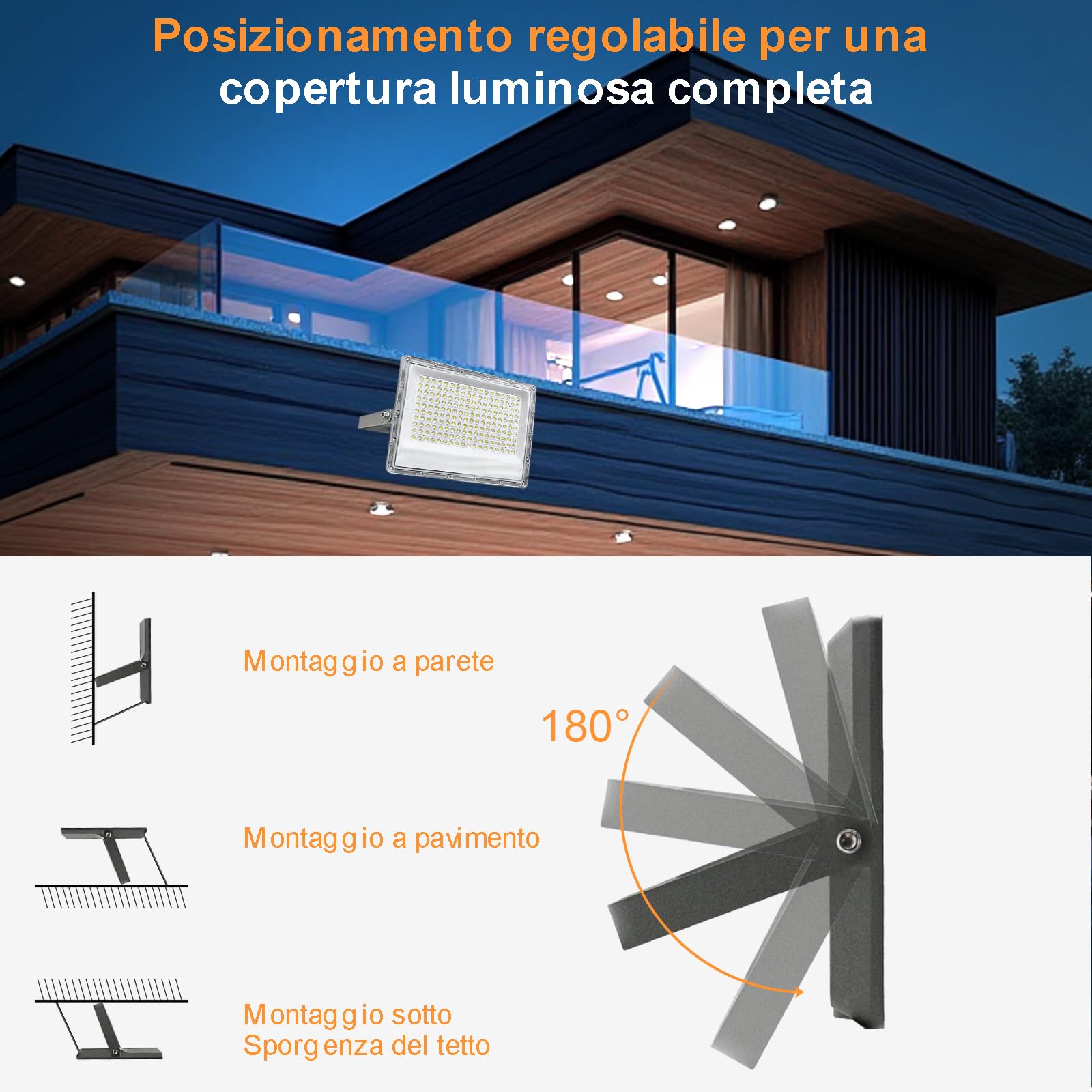 CREATESTAR - 2 Pezzi Faretto LED da Esterno 200W, 20000LM 6500K Luce Bianca Fredda, IP66 Impermeabile, Faro LED Regolabile a 180° per Giardini, Terrazze, Garage e Sicurezza