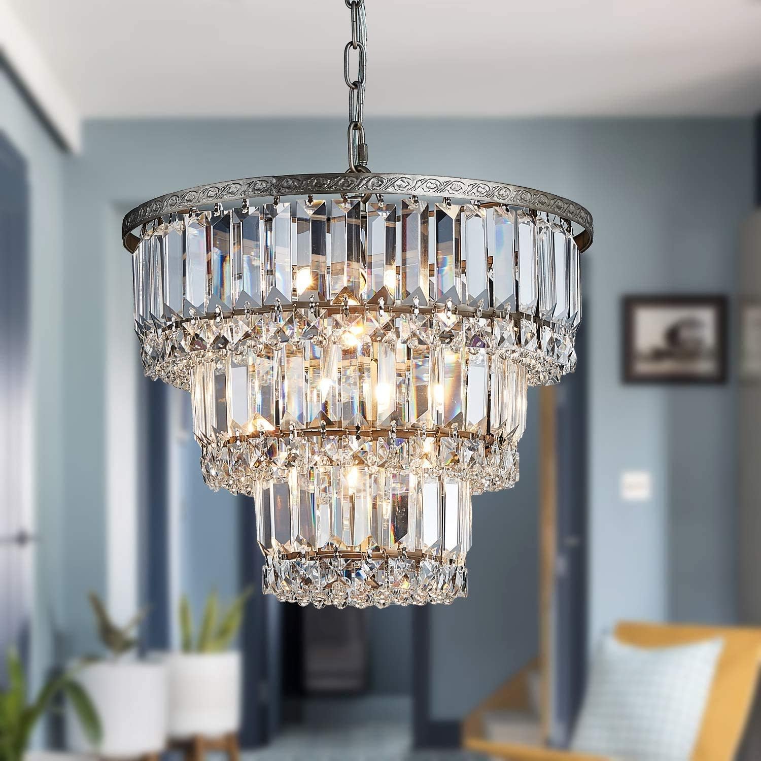 Exclusive Discount 90% Price Saint Mossi Modern Crystal Chandelier with 5 Lights and 3-Tier,Raindrop Chandelier with K9 Crystal,LED Pendant Lighting Fixture for Dining Room,Bedroom,Living Room,H12 X D14 with Adjustable Chain