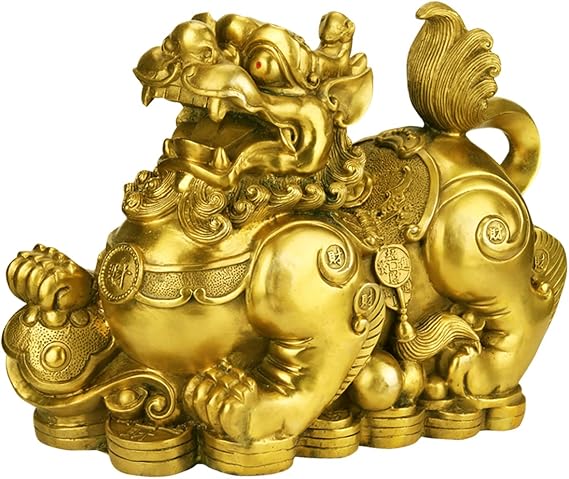 Feng Shui pixiu Brass Statue A Pair pi yao Sculpture Home Decor Golden Decoration Figurine Attract Money and Good Luck (3.2 L x 1.6 W x 2.8 H)