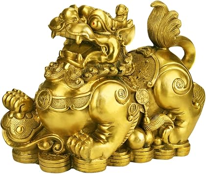 Feng Shui pixiu Brass Statue A Pair pi yao Sculpture Home Decor Golden Decoration Figurine Attract Money and Good Luck (3.2 L x 1.6 W x 2.8 H)