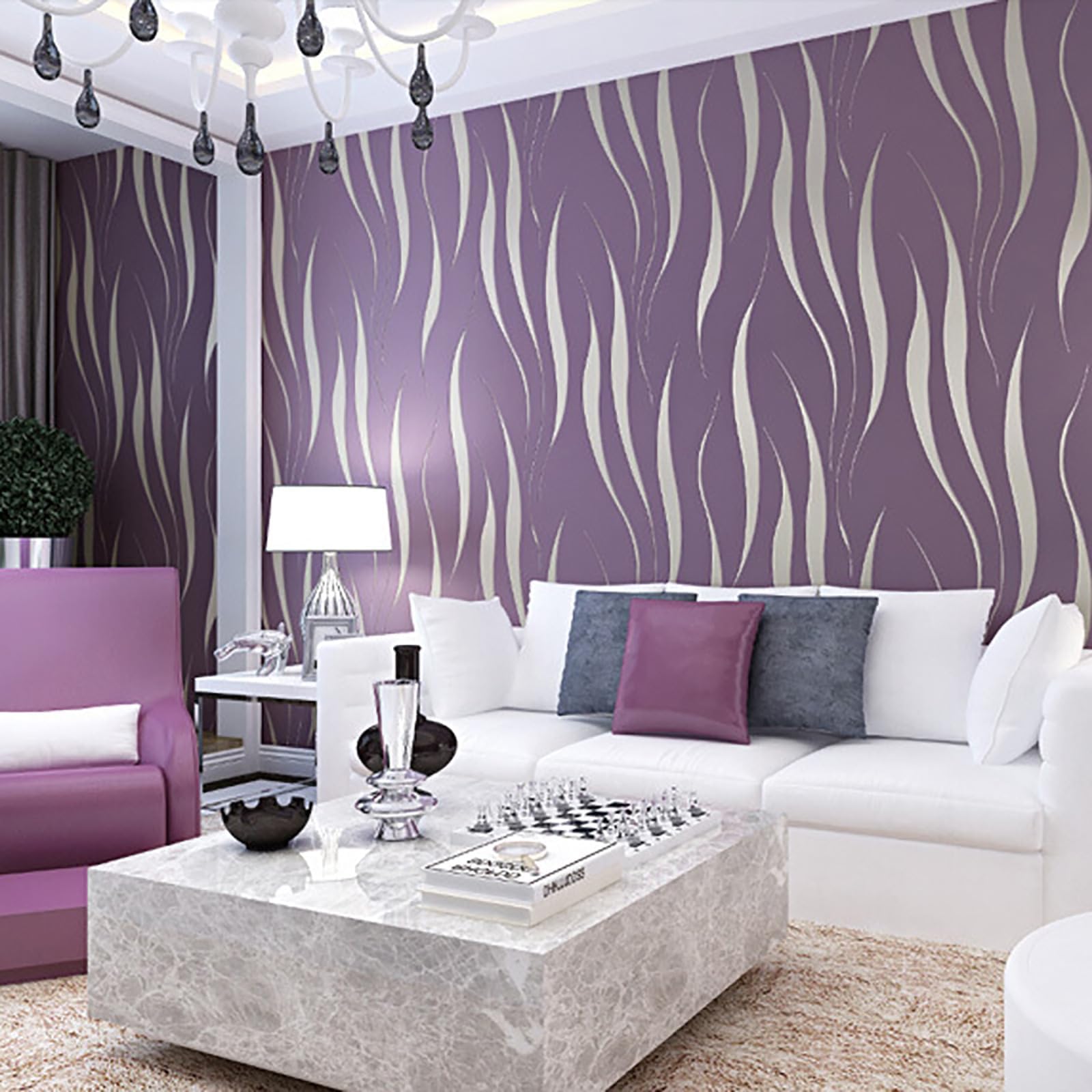 Pamatio Wavy Glitter Wallpaper Purple Luxury 3D Effect Wave Texture, Embossed Feature Non-Woven Modern Nordic Style Wallpaper For Living Room, Bedroom - View #2