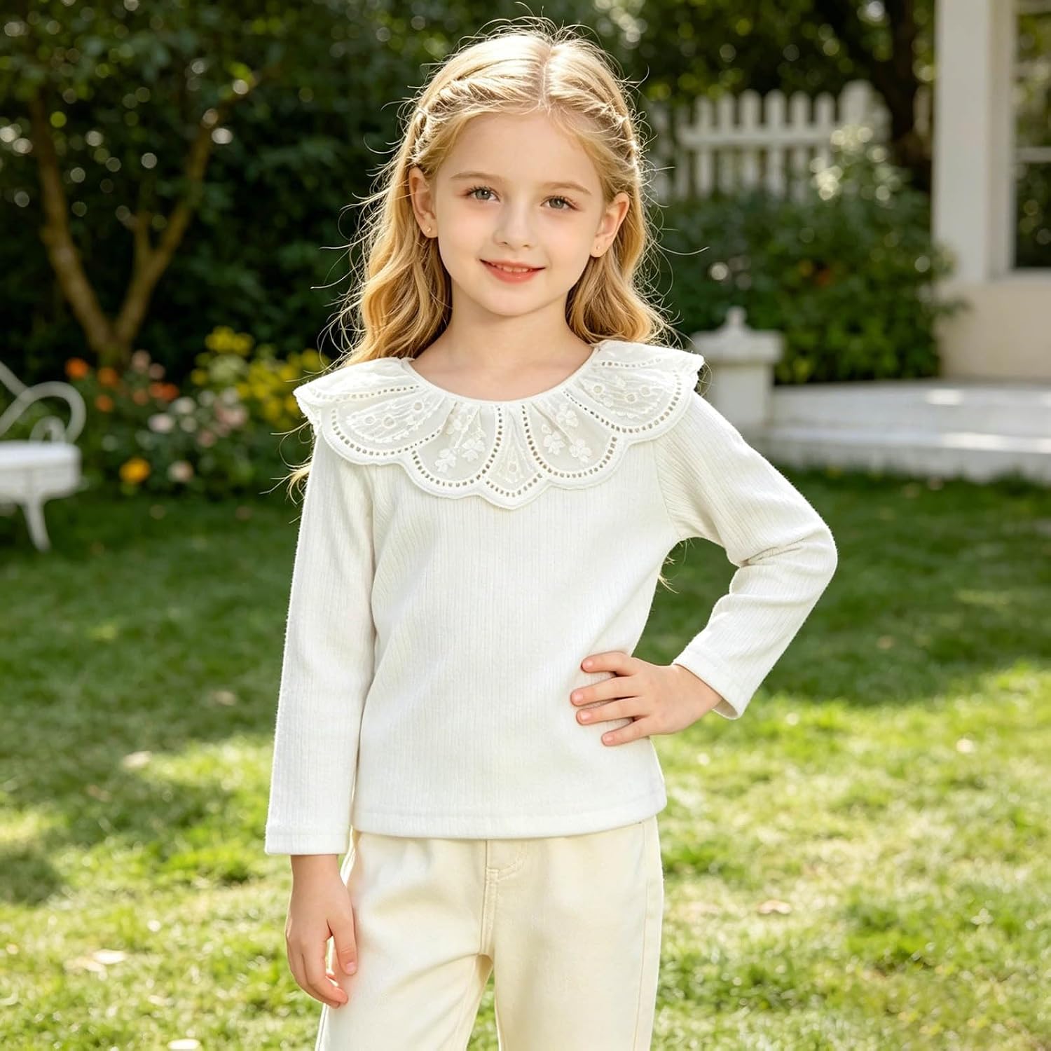 Kids Girls Long Sleeve T-Shirt Cute Peter Pan Collar Lace Patchwork Ribbed Tops Fall Clothes for Casual Daily