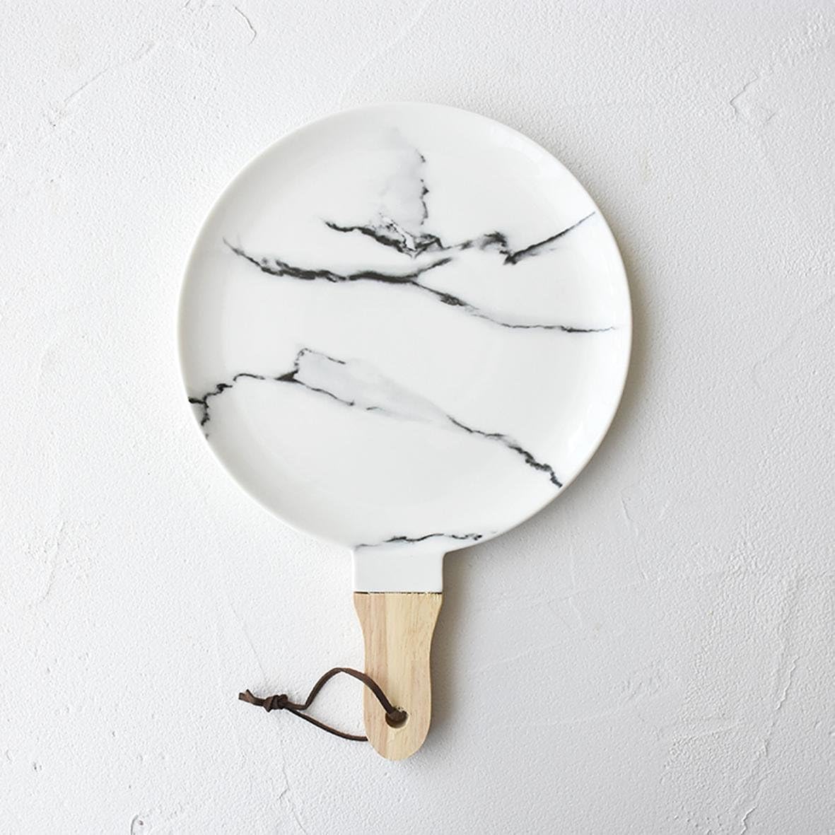 Natural Marble Stone Round Ceramic Serving Platter with Wooden Handle 10", White