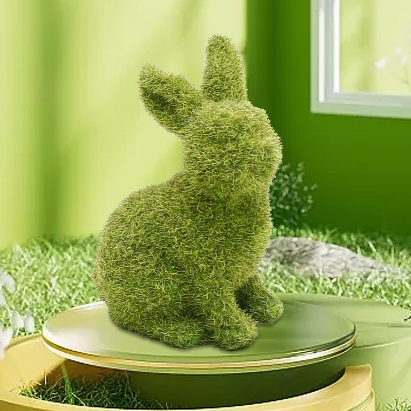 MDEOOSKY 2 Stück Oster-Moos-Hasen-Figur, beflockte Hasenstatue, grüne Nachahmung Moos Kaninchen Skulptur, für Ostern Festival Garten Hof Home Party Ornament Dekoration