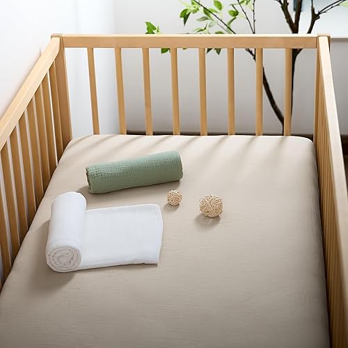 Miniatura 6 de Meracorallo Sábana bajera ajustable de muselina para cuna, suave y transpirable, para colchones estándar para cuna y niños pequeños, color beige