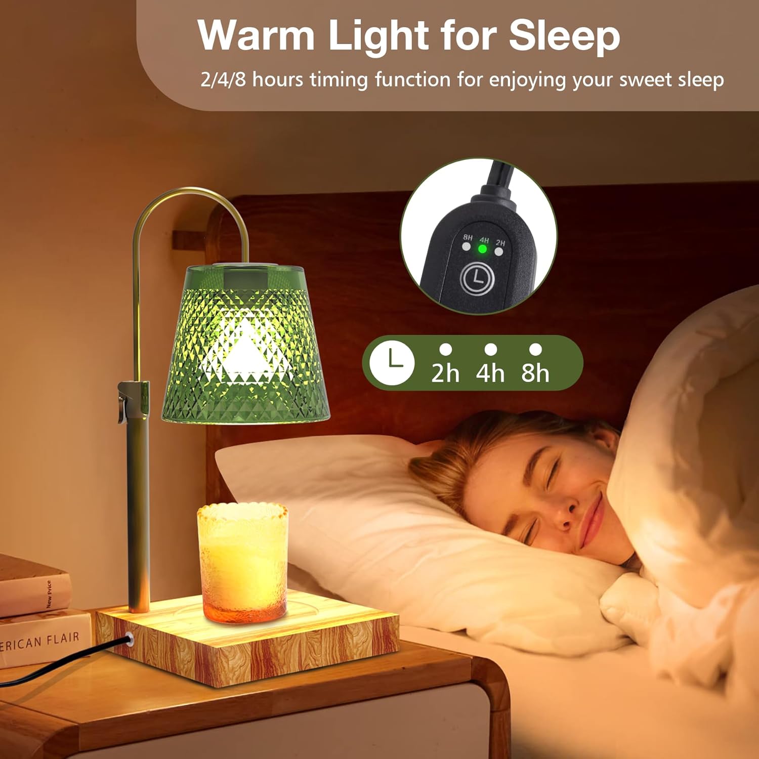 Masmejor 50W Candle Warmer Lamp with Timer & Dimmer - Electric Wax Melt Warmer, Adjustable Height, Wood Base, 2 Bulbs, Gift Packaging for Christmas, Birthday, Home Decor, Mother's Day, Bedroom(Green)