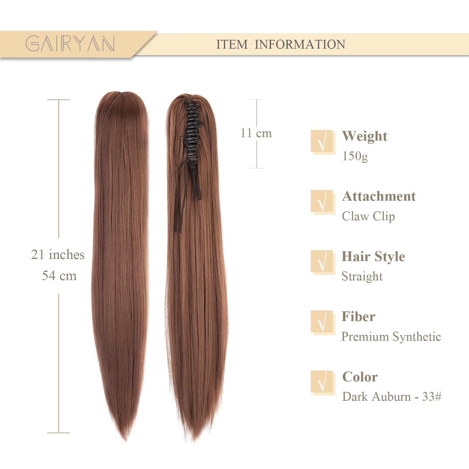 Gairyan 21" Ponytail Extension Clip in Ponytail Hair Extensions Blonde Straight Pony Tails Claw on Ponytail Long Wave One Piece Synthetic Hairpieces for Women Soft Dark Auburn - Image 3