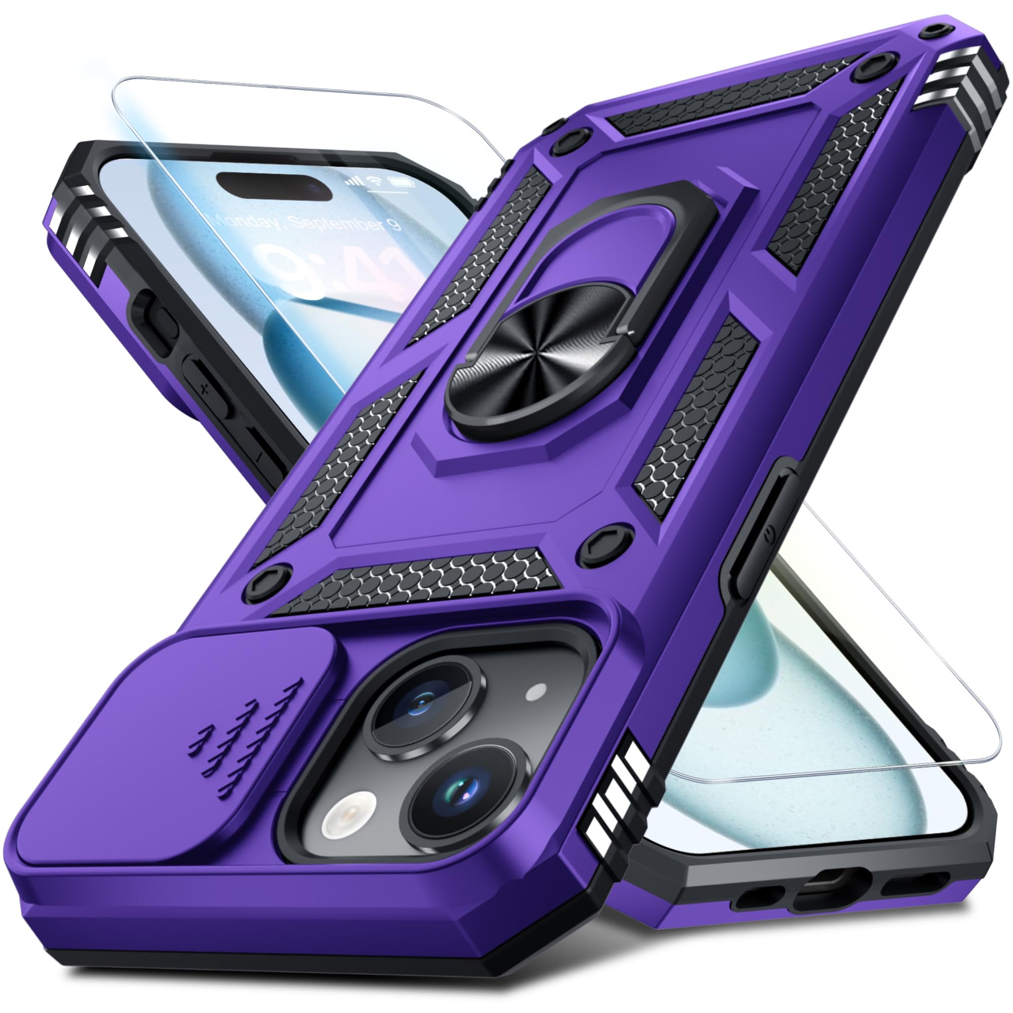 Janmitta Case for iPhone 15 Phone Cover Built in Slide Camera Lens Cover+Screen Protector,Heavy Duty Shockproof Full Body PhoneCase with Finger Ring Holder Kickstand,Purple