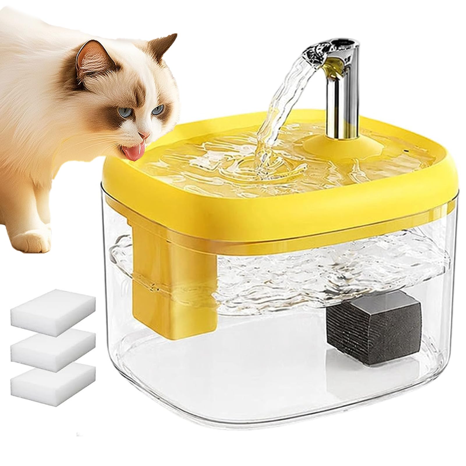 Flowing Pet Water Fountain, Silent Pet Drinking Dispenser with Food-Grade PET Bowl, 1.5L Multi-Layer Automatic Cat Water Fountain Dog Water Dispenser with 3 Replacement Filters for Cats Dogs，Yellow