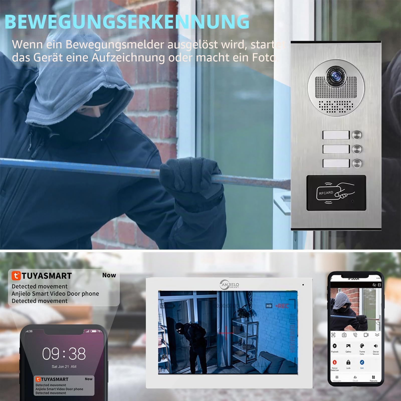 4-Wired Wohnung Video-Türklingel Sprechanlage, 2/3/4/6/8/10/12 Einheiten 7 Zoll Monitor 1080P Türsprechanlage,3 in 1 Entriegelung,Motion Detected für Villa,Tuya (1 Türklingel + 3 Monitor)