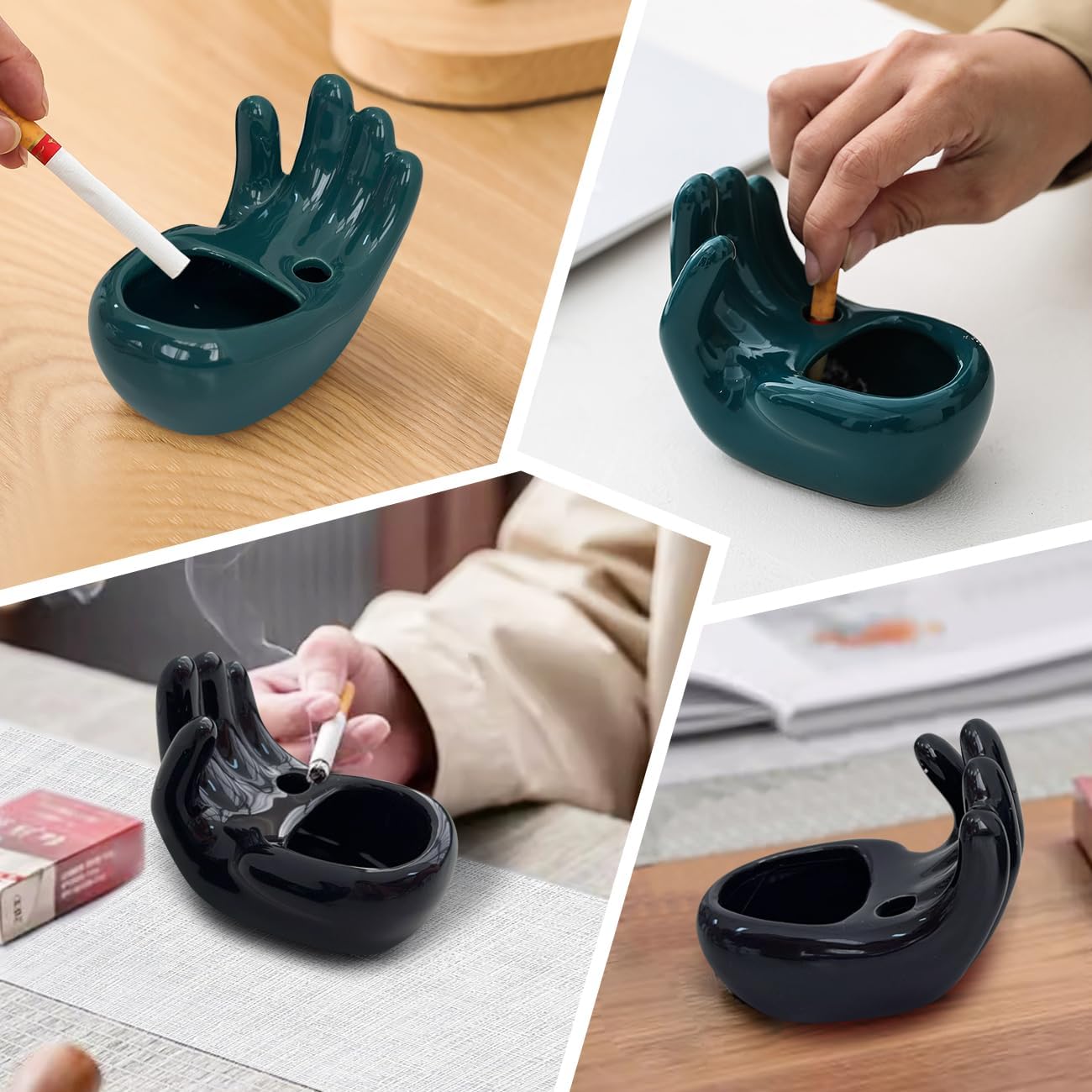 Cute Ashtray for Cigarettes Funny Hand-Shaped Design Ceramic Ash Holder with Non-Slip Base Creative Smoking Tray for Home Office Patio and Outdoor Black
