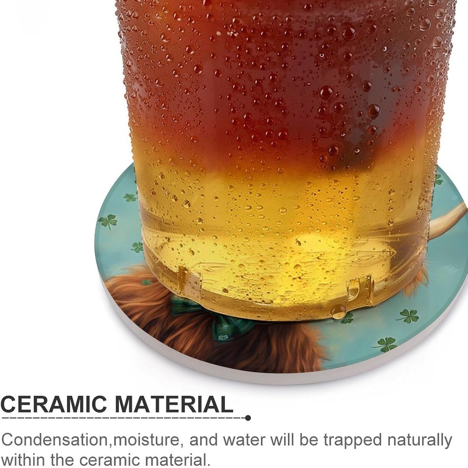 Highland Cow St Patricks Day Round Ceramic Coasters for Drinks Absorbent Cup Holder Tabletop Protector with Cork Base