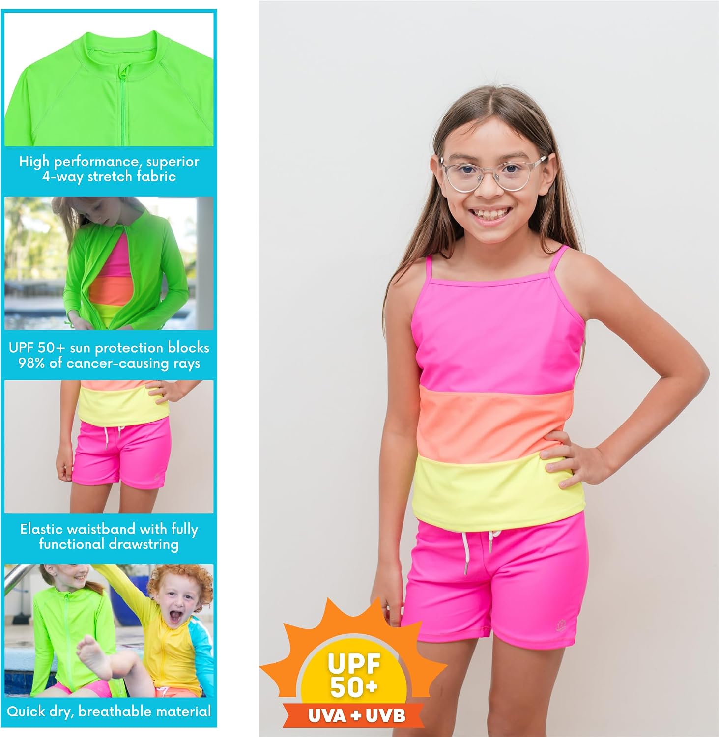 SwimZip Girls' 3 Pc Swim Set w/Long Sleeve Rash Guard, Tankini & Shorts UPF 50+