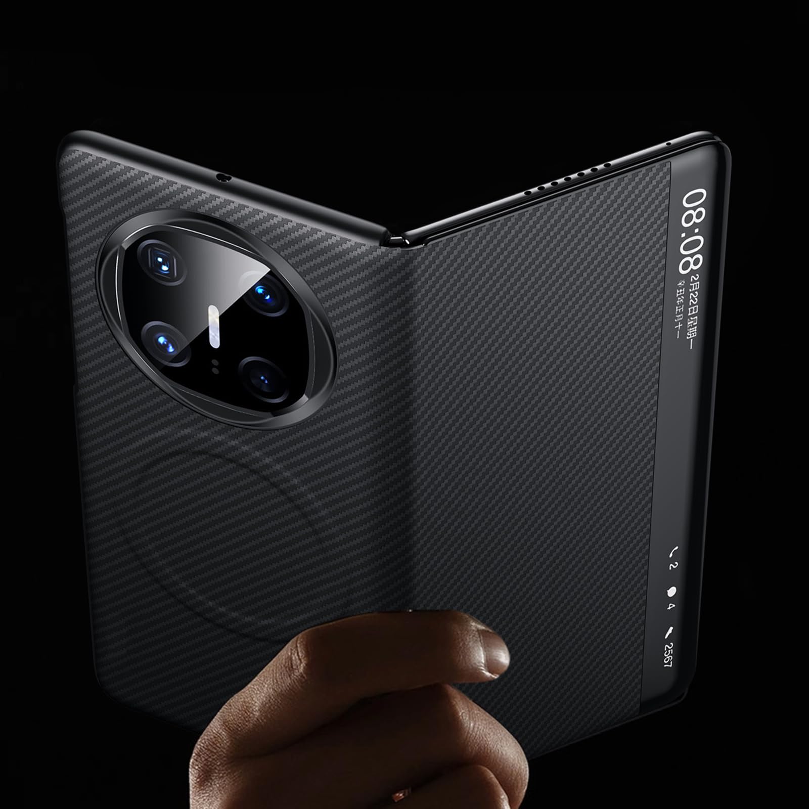 Skórzane etui do Huawei Mate X6, magnetyczne etui z teksturą włókna węglowego, funkcja widoku okna, ochrona całego korpusu, etui biznesowe, czarne, Mate X6