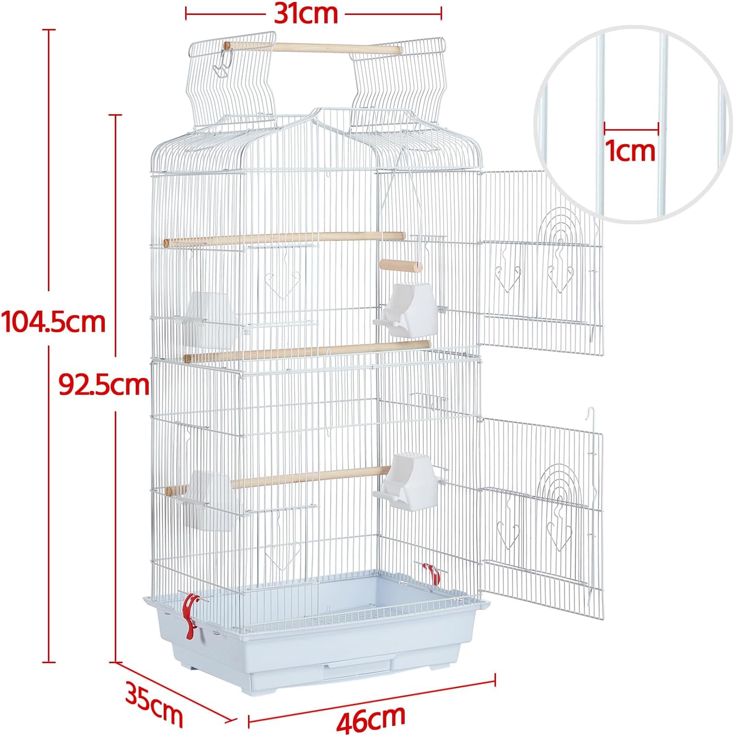 Diagram showing the dimensions of the bird cage: 46cm length, 35cm width, 92.5cm height, and 1cm bar spacing.
