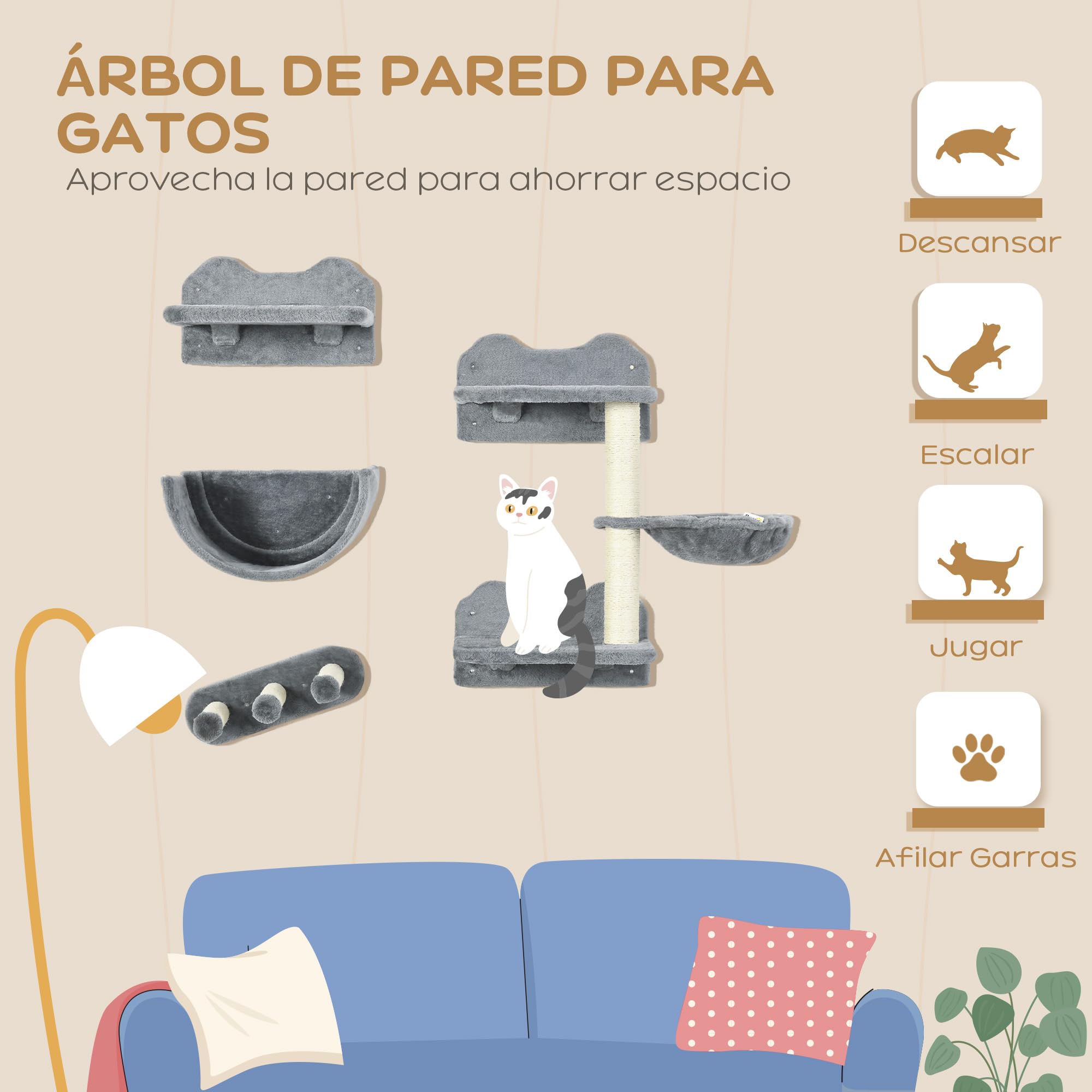 PawHut Estante de Escalada para Gatos de Pared con Hamaca 4 Piezas Gris | Juego de Estantes para Gatos, Nido Rascador, Plataformas para Saltar, Poste de Sisal