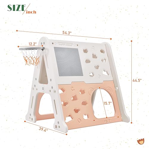 Miniatura 7 de SKYXIU Escalador triangular con tobogán, tobogán escalador para niños pequeños de 1 a 3 años, 7 en 1 con marco en A con aro de baloncesto y tabla de